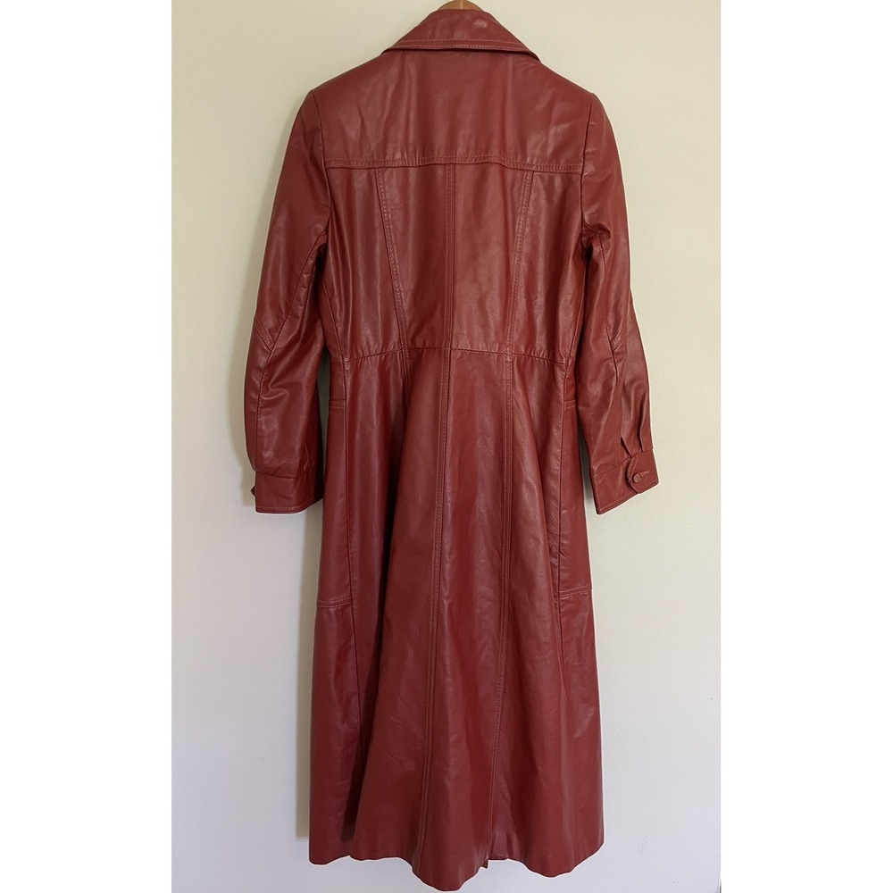 Vintage 70s Red Leather Trench Coat Maxi Long Duster Dagger Collar Uruguay S - Picture 8 of 16